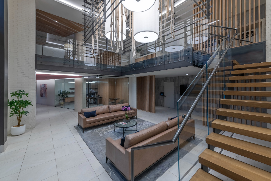 A lobby with a grand chandelier